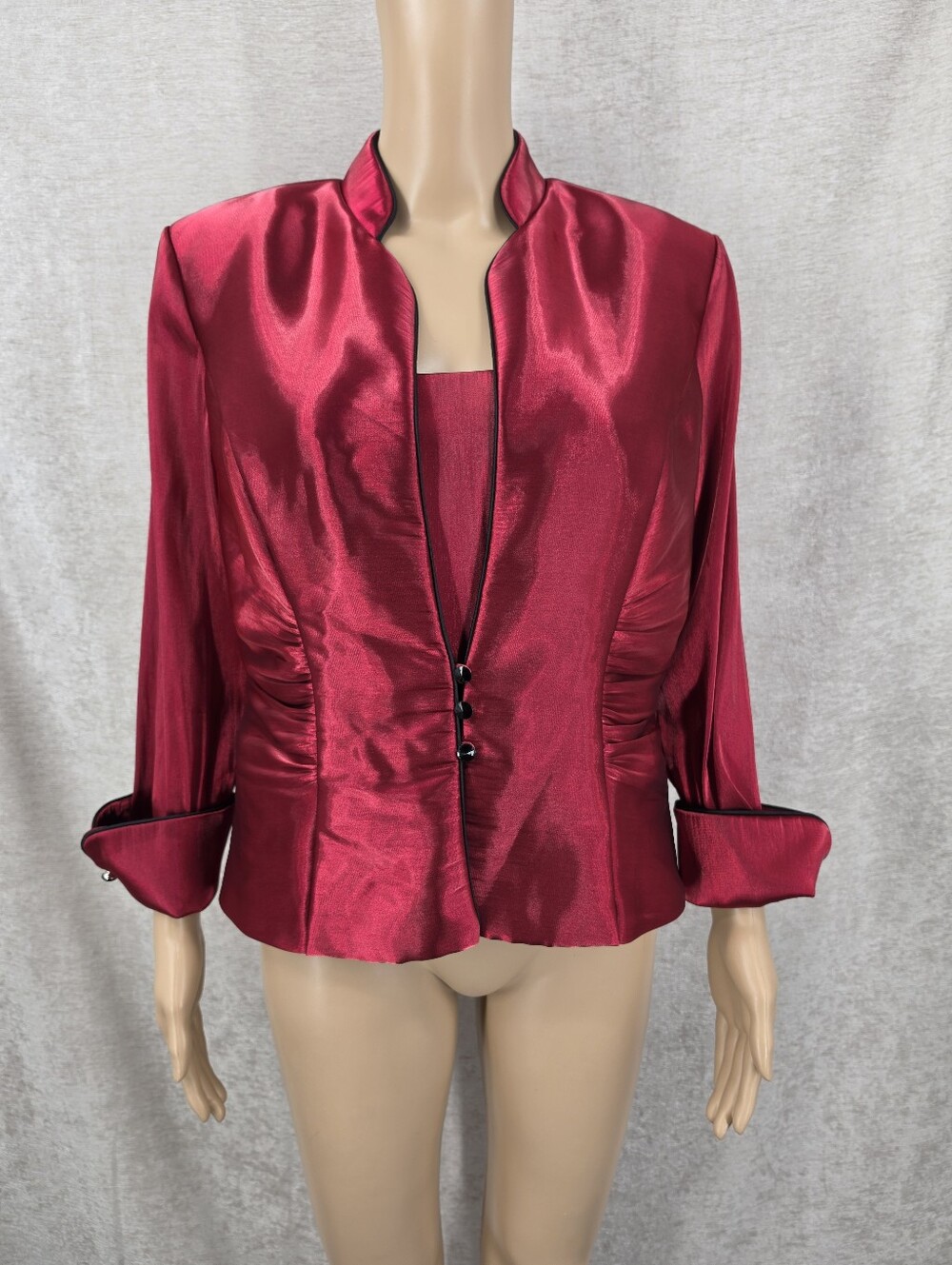 Vintage Deep Red Shimmering Liquid Satin Evening Jacket and Tank Top Ruched